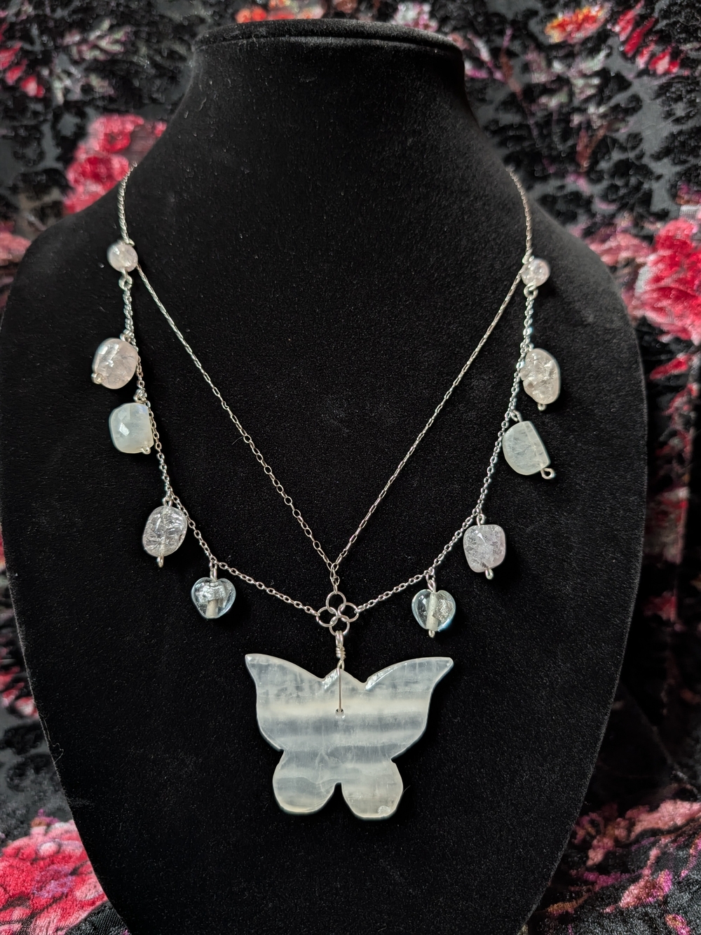 Handmade Double Chain Necklace Crystal Butterfly Pendant